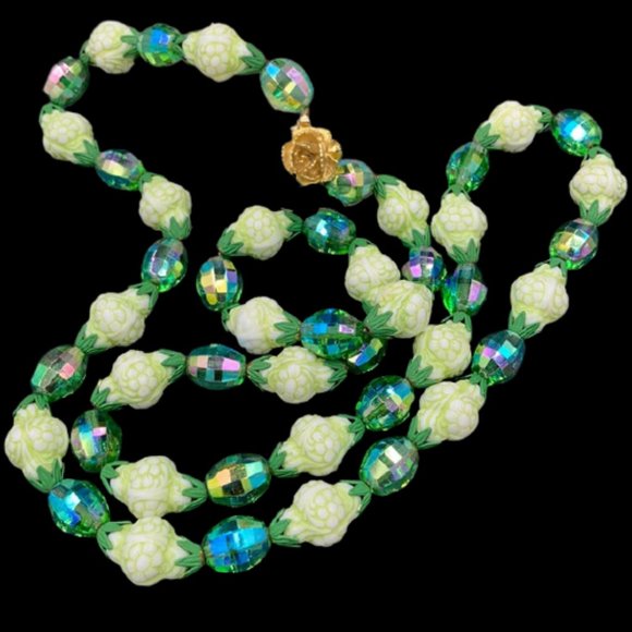 Vintage Green AB Glass and Lucite Bead Necklace - Picture 1 of 5